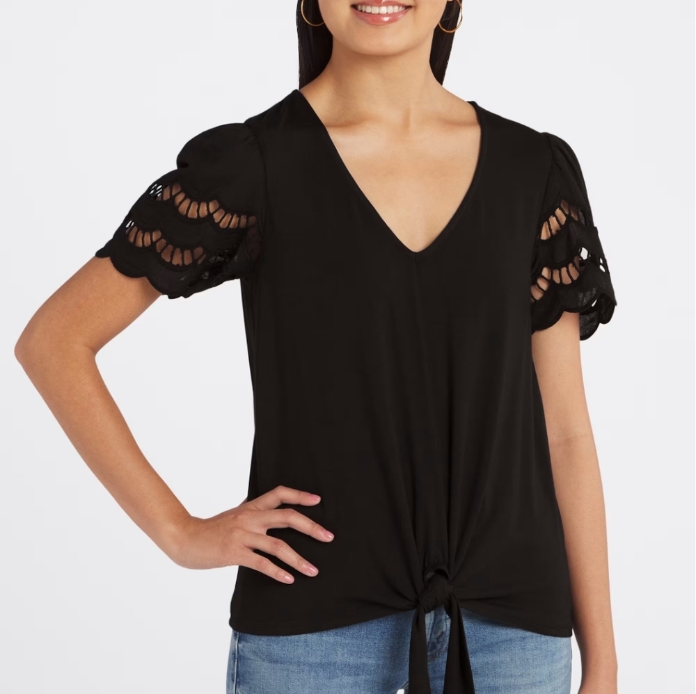 BELLDINI Black V-Neck Tie-Front Top with Eyelet Scalloped Sleeves - XL